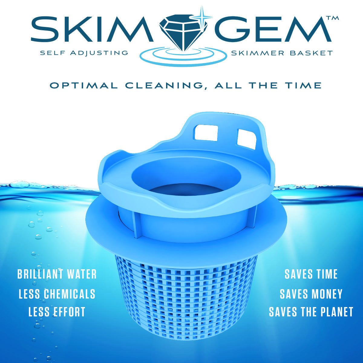 Skim Gem self adjusting skimmer basket, optimal cleaning all the time, brilliant water, less chemicals, less effort, saves time, saves money, saves the planet