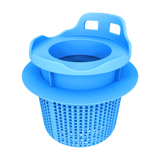 Blue pool skimmer with self-adjusting skimmer basket on white background